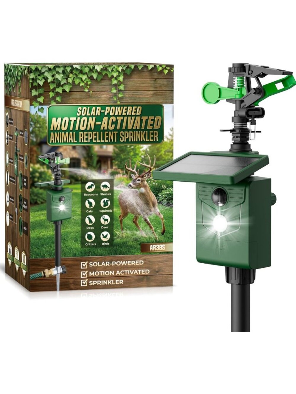 Solar-Powered Motion Activated Animal Repeller with Sprinkler & Flashing Light